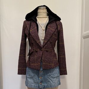 Central Park West Burgundy Plaid Jacket with Black Hood